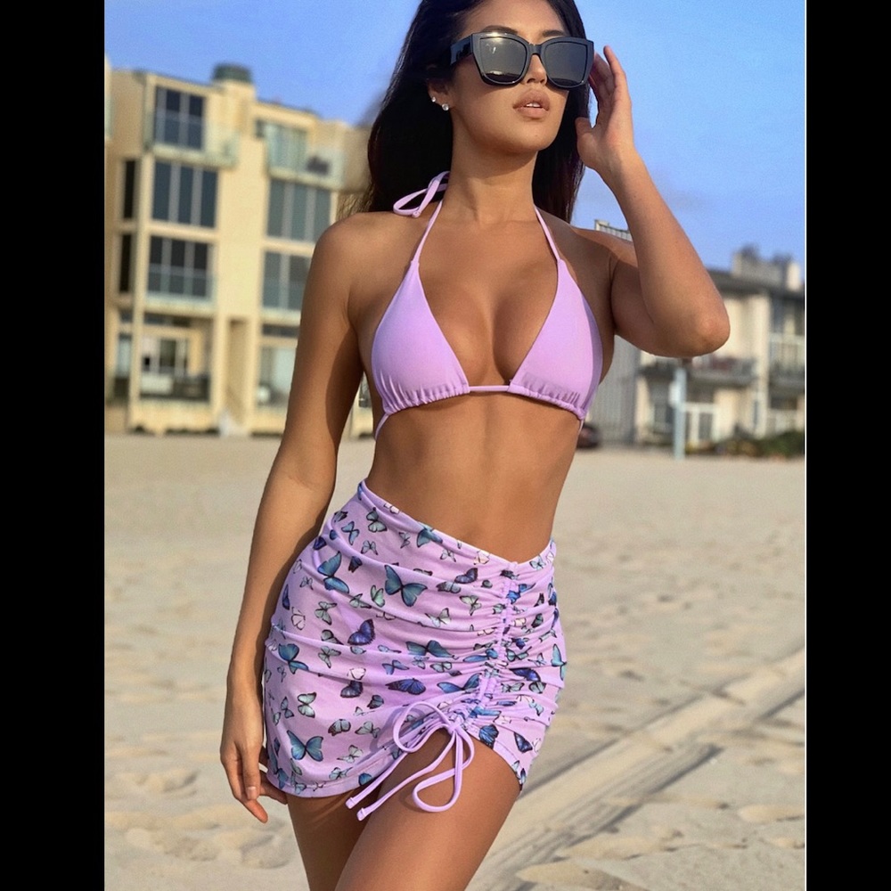 Taro purple cheeky bikini butterfly cover skirt three pieces set July sale